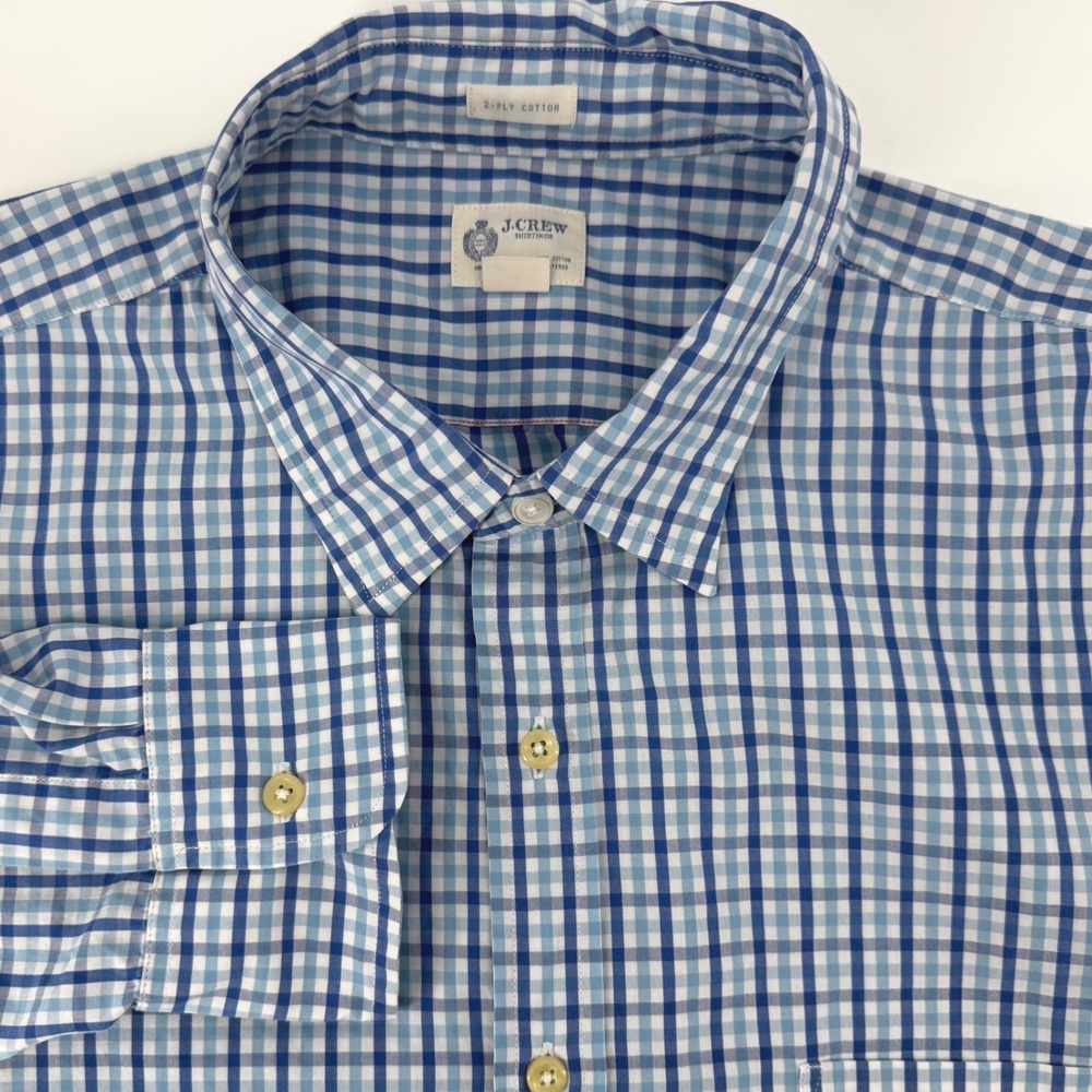 J. Crew Men's Blue Gingham Check Button Down Shirt X Large 2 Ply Cotton